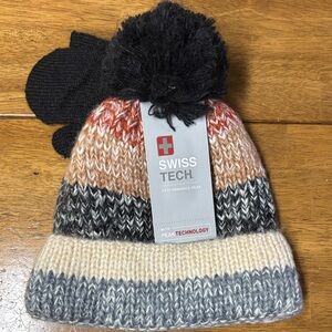 Kids - NWT - Swiss Tech Striped Knit Beanie with mittens